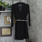 Tommy Hilfiger Pleated V Neck Long Sleeve Belted Fit Flare Midi Dress Black 2