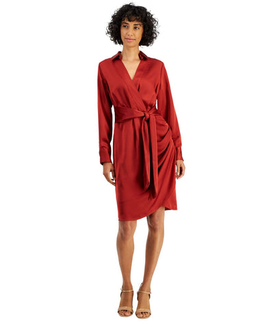 Tahari ASL Womens Collared Long-Sleeve Wrap Dress DEM401-T4 Brick Red Orange 4