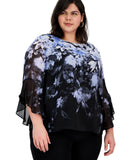 Kasper Cascading Floral Ruffle Blouse 10924639 Black Blue Multi 2X
