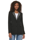 Karl Lagerfeld Paris Imitation Pearl Collar 2-Button Blazer Jacket Black 4