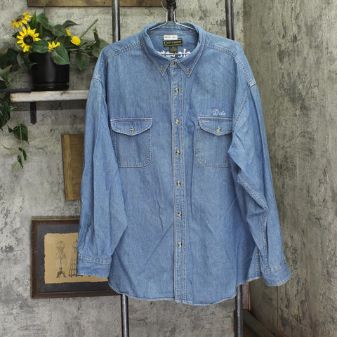 Croft & Barrow Mens Denim Embroidered Button Up Work Shirt Long Sleeve Blue 2XL