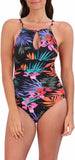 Jessica Simpson Womens Midweight Textured One Piece Swimsuit Palms Black 2XL