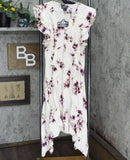 Angie Womens V Neck Flutter Sleeves and Ruffle Scarf Hem Dress Ivory Purple L