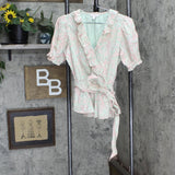 LC Lauren Conrad Womens Ruffle V-Neck Peplum Blouse Shirt Top Pink / Green S