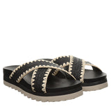 Bearpaw Criss Cross Woven Raffia Faux Leather Slide Sandals Black / Off White 7M