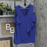 H By Halston Women Jet Set Jersey V-Neck Cold Shoulder Shirt Top Broadway Blue S
