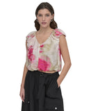 DKNY Womens Floral-Print V-Neck Cap-Sleeve Top May Watercolor Pink Multi L
