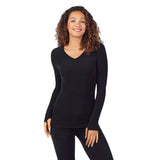 Warm Essentials By Cuddl Duds Womens Textured Fleece Thermal V-Neck Top Black L