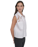 DKNY Womens Cotton Sleeveless Ladder-Trim Blouse Button Up Crochet White XL