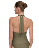 DKNY Womens Halter V-Neck Shirred Tankini Top DIMKS215 Moss Green M