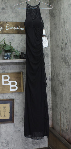 Blondie Nites Juniors Crochet Knit Ruched Gown Dress 56318 Black 3