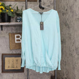 DG2 Womens Mixed Media V-Neck Long Sleeve Blouse Shirt Top Aqua Blue 2X