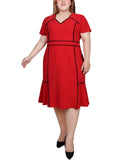 Ny Collection Womens Plus Size Short Sleeve Piped Detail Dress Red / Black 1X