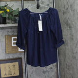 NY Collection Womens Textured 3/4 Sleeve Honeycomb Henley Top Dark Blue M
