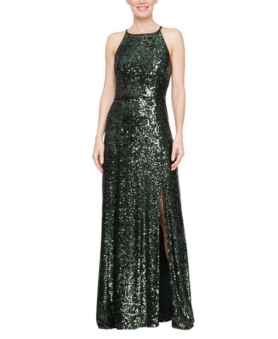 Alex Evenings Neck Front Slit Sleeveless Dress Gown Black / Emerald Green 2