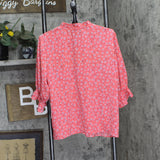 Cece Womens 3/4 Sleeve Tie Neck Floral-Print Blouse 7033067 Coral Pink L