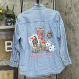Diamond Dust Vintage Graphic Button Up Denim Shirt Jackpot Fever Light Blue M