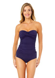 Anne Cole Womens Solid Twist Front Shirred Bandeau Tankini Swim Top Navy Blue S