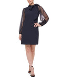 Vince Camuto Womens Bow Neck Shift Dress with Flock Mesh Dot Sleeves Navy Blue 4