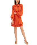 Tahari Asl Women's Pleated-Trim Tie-Neck Dress 2AM188-T2 Burnt Orange 12