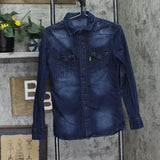 AIOPESON Mens Long Sleeve Distressed Denim Button Up Shirt Dark Blue S