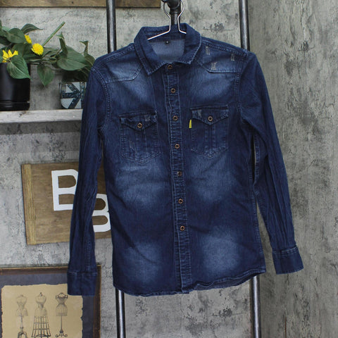 AIOPESON Mens Long Sleeve Distressed Denim Button Up Shirt Dark Blue S