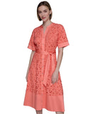 Karl Lagerfeld Paris A-Line Shirtdress Belted Button Front Coral Pink Orange 10