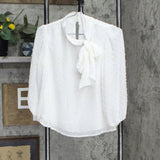 Riley & Rae Sheer Keyhole Back Lined Pouf Sleeve Tie Neck Blouse White 2XS