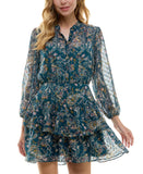 City Studios Juniors Tiered Chiffon Fit & Flare Dress Teal Blue / Rust XL
