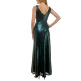 Taylor Sleeveless Stretch Mesh Sequin Cinched Waist Gown Dress Bottle Green 2