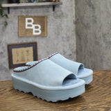 Bearpaw Platform Suede Faux Leather Open Toe Slide Sandals Tourmaline Blue 8M