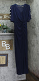 MSK V-Neck Rhinestone Ladder Trim Side Slit Evening Gown Dress Navy Blue S