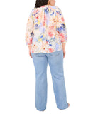 Vince Camuto Floral Peasant Blouse, Long Sleeve Tie Neck White Multi 3X