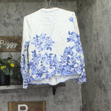 Aqua Button Up Lace Trim Placed Floral Blouse IBO26966 Blue Multi M
