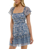 Trixxi Juniors Floral-Print Flutter-Sleeve Dress 26EF76VJII Blue Multi M
