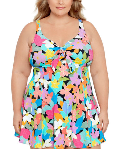 Swim Solutions One Piece Swimdress Swimsuit Floral Frenzy Multicolor 22W