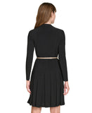 Tommy Hilfiger Pleated V Neck Long Sleeve Belted Fit Flare Midi Dress Black 2