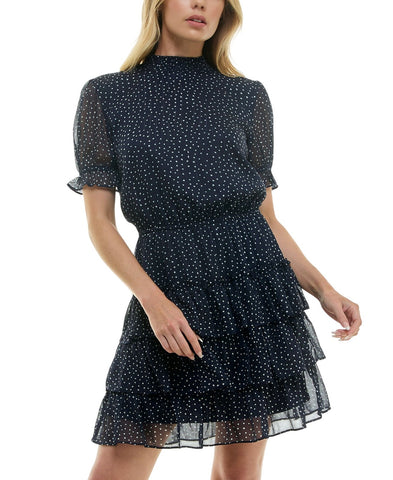 Crystal Doll Printed-Chiffon Short Sleeve Babydoll Dress Navy Blue / White XL