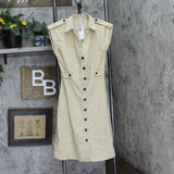 Ny Collection Petite Sleeveless Button Front Linen Dress Plaza Taupe Brown PS