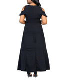 24seven Comfort Apparel Size Ruffle Cold Shoulder A-Line Maxi Dress Black 3X