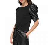DKNY Women's Faux-Leather Puffed-Sleeve Top P2GHOOOI