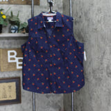 Laura Scott Womens Woven Button Up Sleeveless Shirt 2395-14 Navy Blue Cherry 2X
