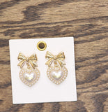 Francesca's Heart Ribbon Pearl Accent Drop Earrings Gold / Pearl White 1.5"