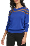 DKNY Women's Mesh Striped Yoke Crewneck Sweater P2JSCA70 Deep Cobalt Blue XL