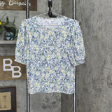LC Lauren Conrad Womens Knit Textured Puff Sleeve Shirt Top Blue Multi S