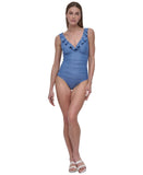DKNY Womens Ruffle Plunge Underwire Tummy Control One-Piece Swimsuit Blue Bell S