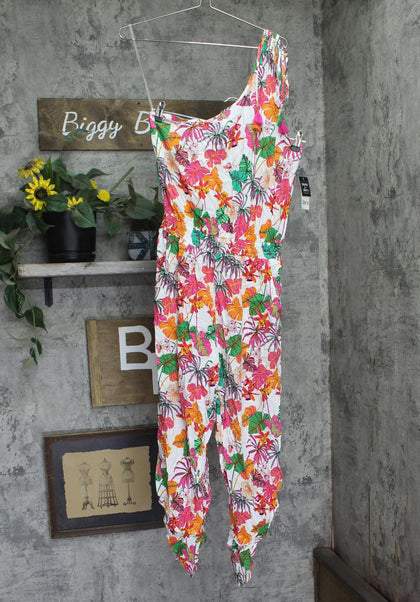 Bar III Bermuda Babe Printed One-Shoulder Jumpsuit Cover-Up White Multi S
