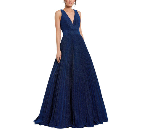 Ieena by Mac Duggal Shimmering Lurex Pleated Maxi Dress Gown Royal Navy Blue 14