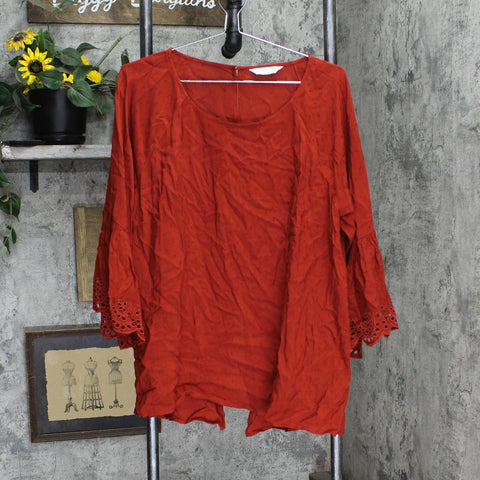 Pintuck Long Sleeve Split Back Blouse Shirt Top Red Orange See Measurements