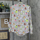 Ishyu Womens Striped Silk Long Sleeve Button Up Shirt Blouse Top Off White 4